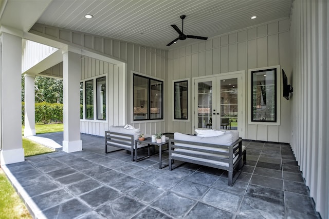 view of patio / terrace featuring french doors, outdoor lounge area, and ceiling fan