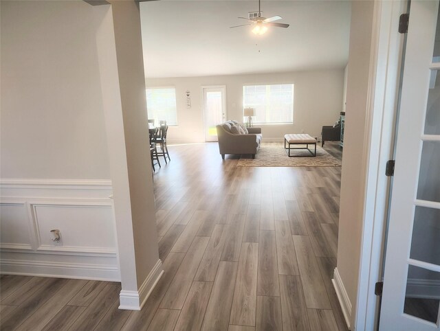 corridor with a wealth of natural light, a decorative wall, and wood finished floors
