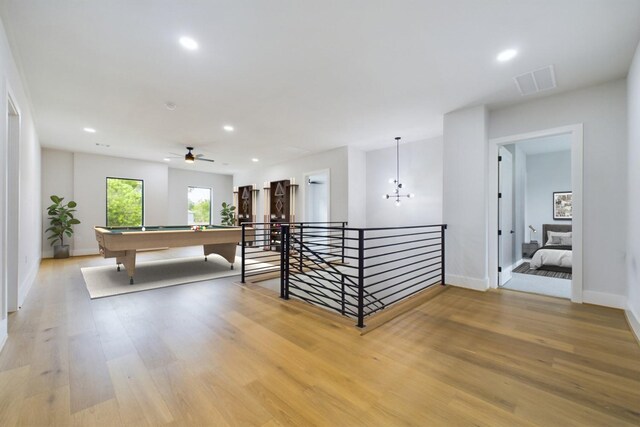 recreation room with visible vents, baseboards, recessed lighting, light wood-style flooring, and billiards