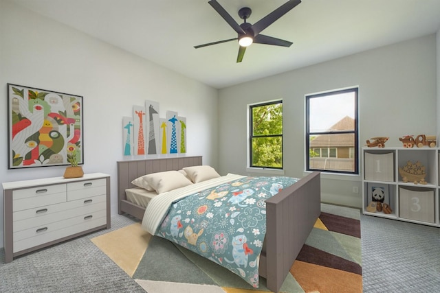 carpeted bedroom featuring ceiling fan