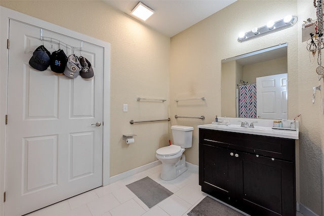 bathroom with tile patterned floors, walk in shower, vanity, and toilet