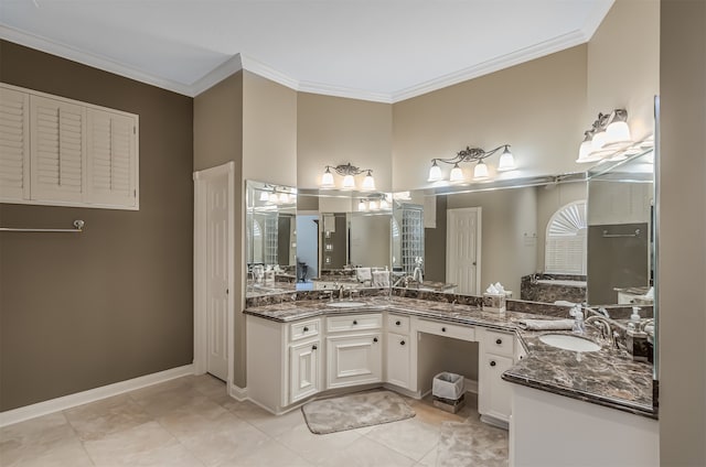 bathroom featuring tile patterned flooring, crown molding, and vanity