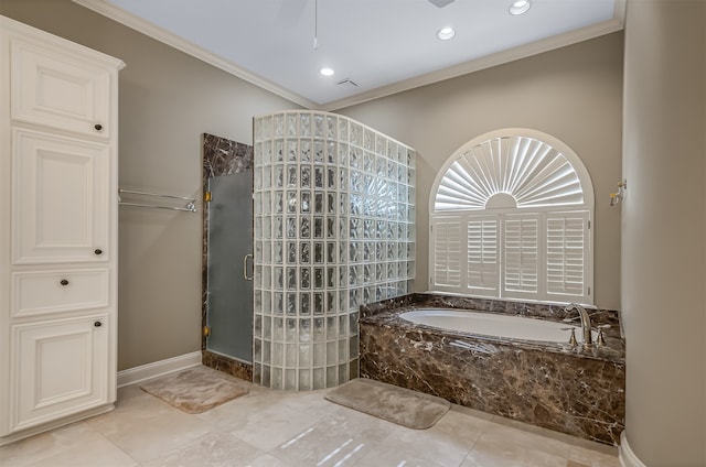 bathroom with plus walk in shower, ornamental molding, and ceiling fan