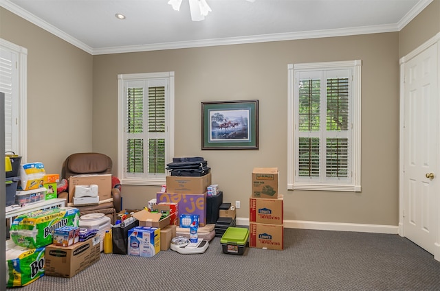 game room with crown molding, ceiling fan, and carpet