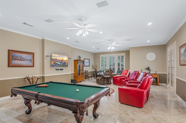 playroom with pool table, crown molding, and ceiling fan