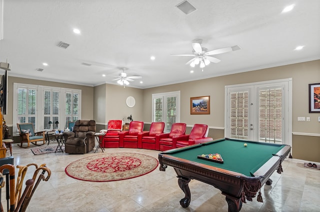 recreation room featuring french doors, ornamental molding, billiards, and ceiling fan