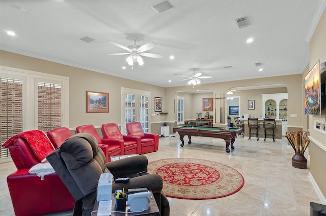 playroom with pool table, ceiling fan, crown molding, and bar area