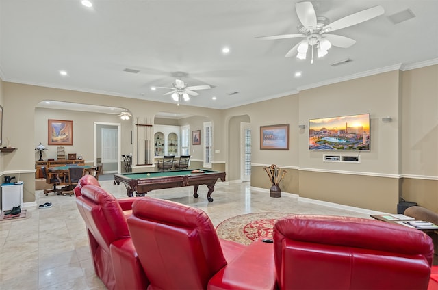 playroom featuring ceiling fan, pool table, and ornamental molding