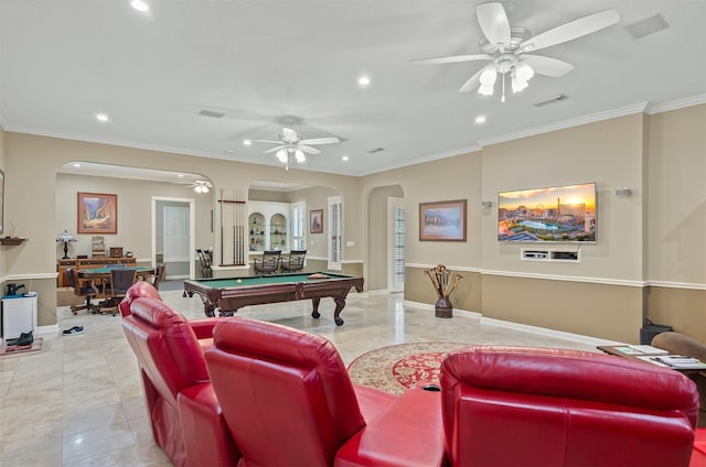 22222 Holly Creek Trl, Tomball, TX 77377 - game room with arched walkways, recessed lighting, billiards, ceiling fan, and ornamental molding