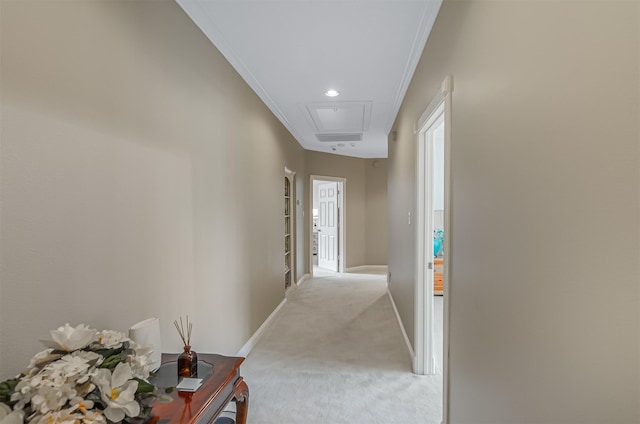 22222 Holly Creek Trl, Tomball, TX 77377 - hall featuring carpet, ornamental molding, baseboards, and attic access