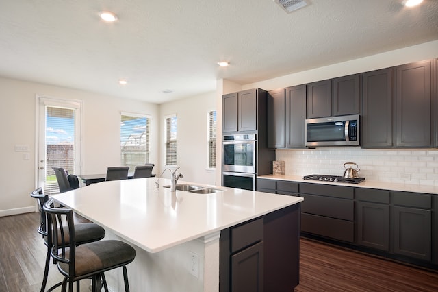 kitchen featuring sink, decorative backsplash, a center island with sink, and appliances with stainless steel finishes