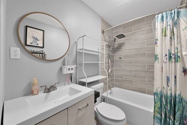 full bathroom featuring vanity, toilet, and shower / bathtub combination with curtain