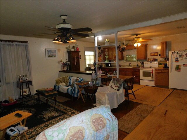 living room with ceiling fan, hardwood / wood-style flooring, and sink