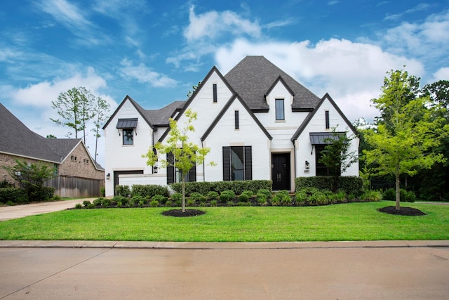 view of front of property with a front yard and a garage