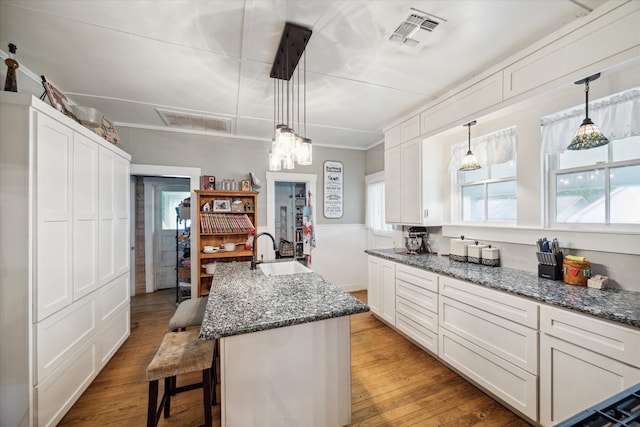 kitchen featuring light hardwood / wood-style floors, hanging light fixtures, sink, and an island with sink