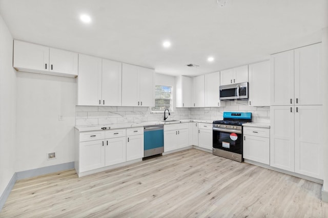 kitchen featuring sink, decorative backsplash, stainless steel appliances, and white cabinets