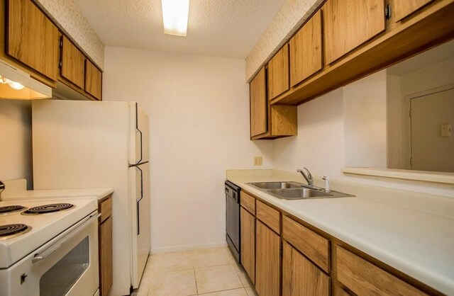 kitchen with light tile patterned flooring, electric range, a textured ceiling, dishwasher, and sink