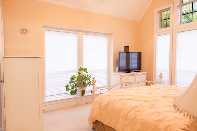 carpeted bedroom featuring crown molding and vaulted ceiling