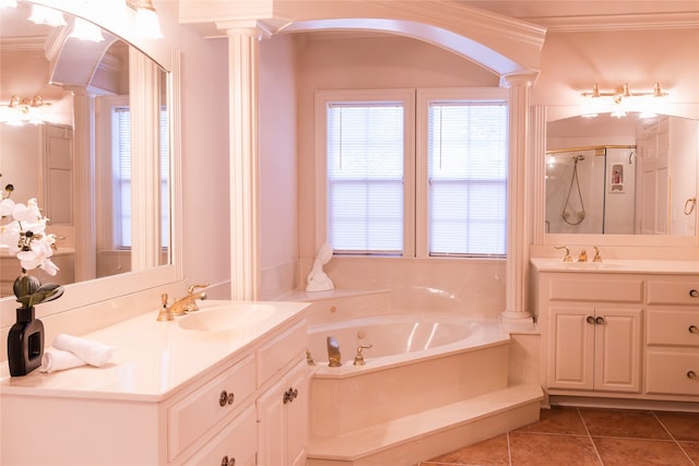 bathroom with separate shower and tub, tile patterned floors, ornate columns, and ornamental molding