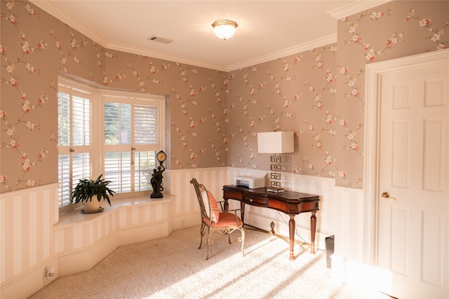 office with carpet floors and ornamental molding