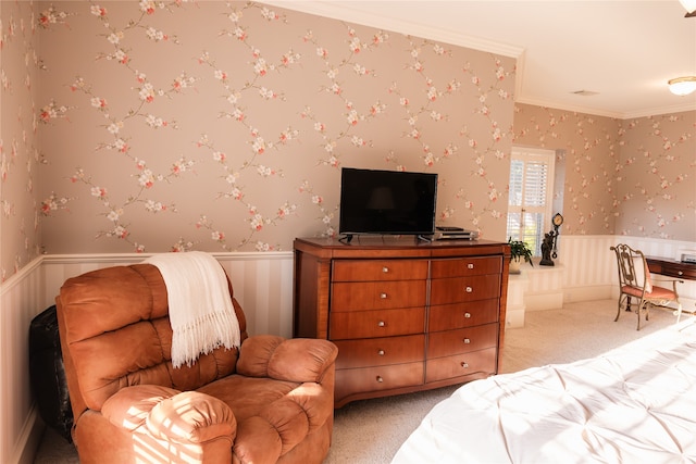 carpeted bedroom with ornamental molding