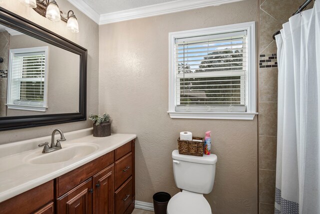 bathroom featuring ornamental molding, vanity, toilet, and curtained shower