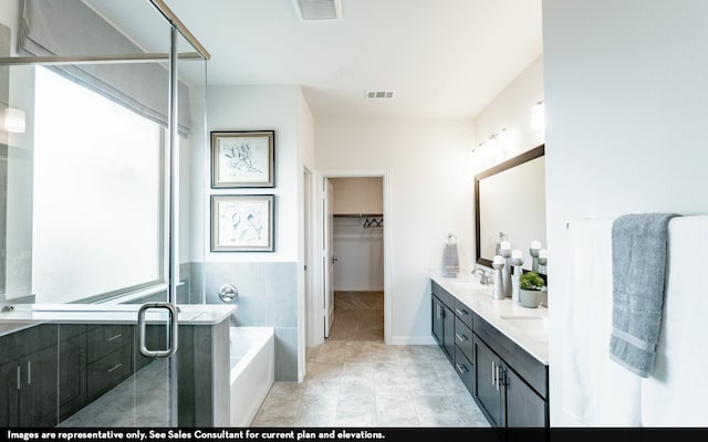 bathroom with separate shower and tub, tile patterned flooring, and double sink vanity