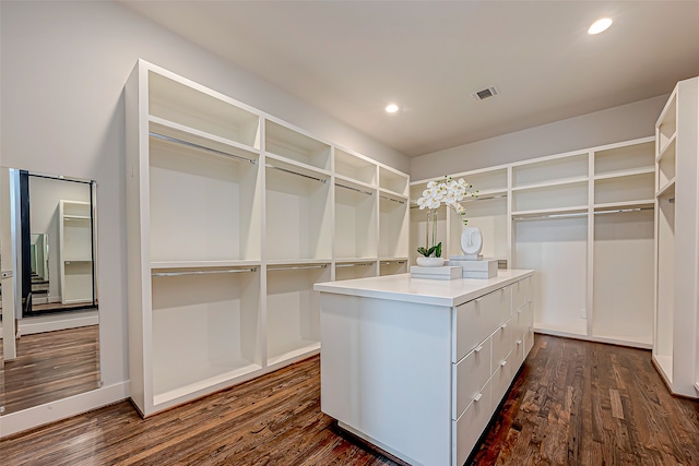 walk in closet with dark hardwood / wood-style floors