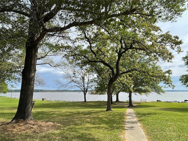 view of community featuring a water view and a lawn