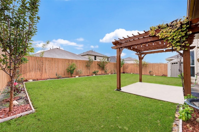 view of yard with a storage shed and a patio area