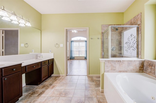 bathroom with vanity, separate shower and tub, and tile patterned floors