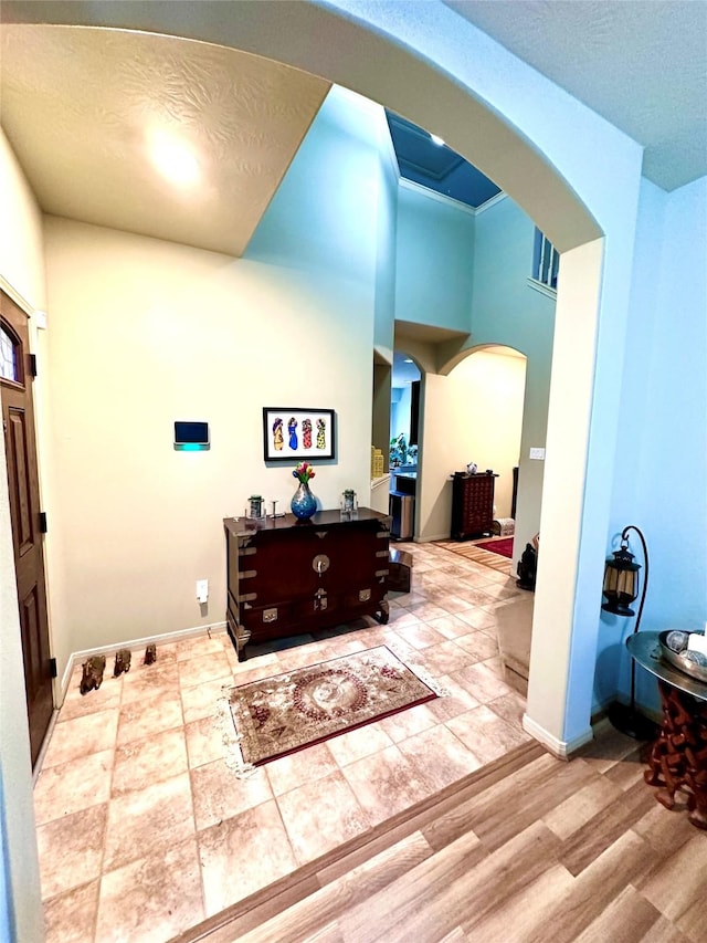 hallway featuring wood-type flooring and a high ceiling