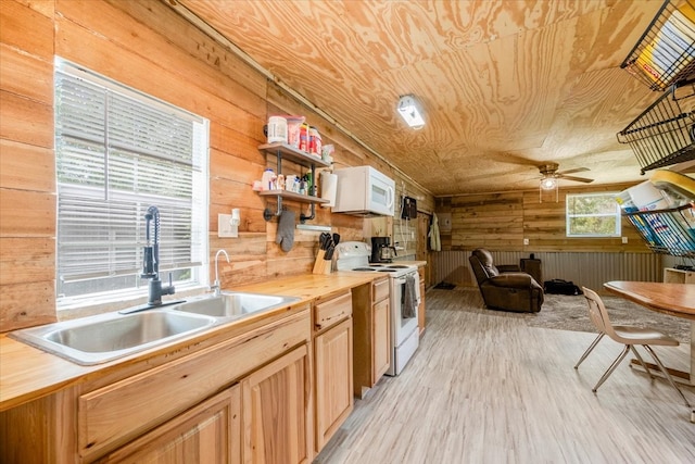 kitchen with white electric stove, wood walls, ceiling fan, light hardwood / wood-style floors, and sink