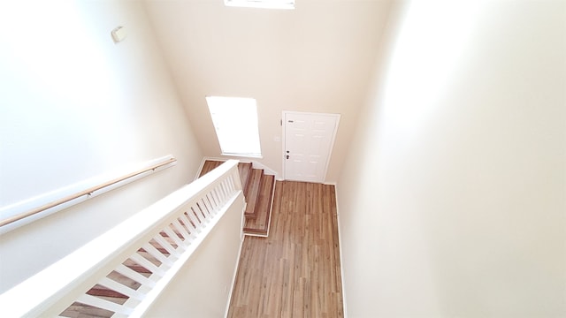 stairs with wood-type flooring