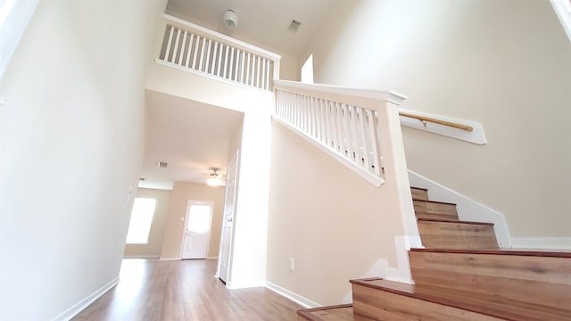 staircase with a towering ceiling and hardwood / wood-style flooring