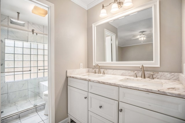 bathroom with a shower with door, tile patterned floors, ceiling fan, toilet, and ornamental molding