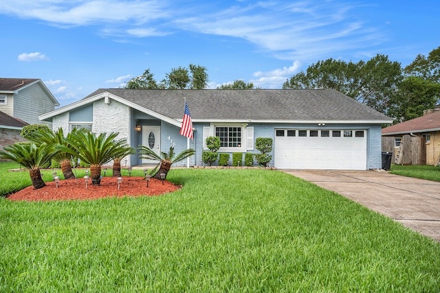 single story home with a front yard and a garage