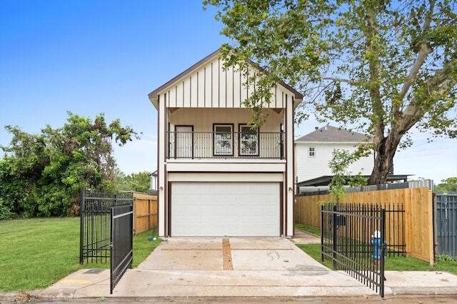 view of front facade featuring a garage, a balcony, and a front lawn