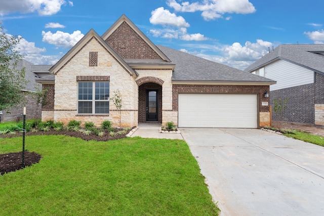 view of front of house featuring a front yard and a garage