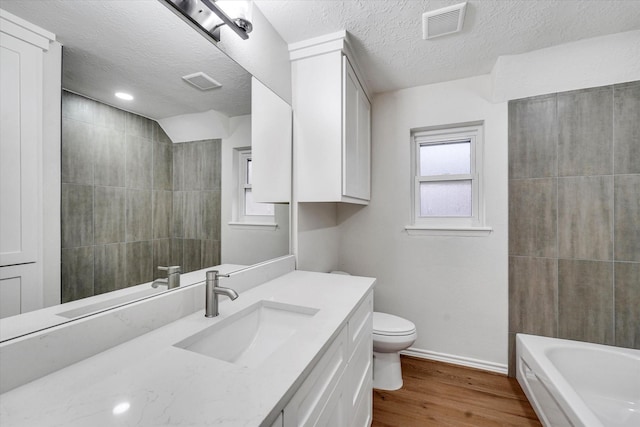 bathroom featuring wood-type flooring, vanity, a textured ceiling, and toilet