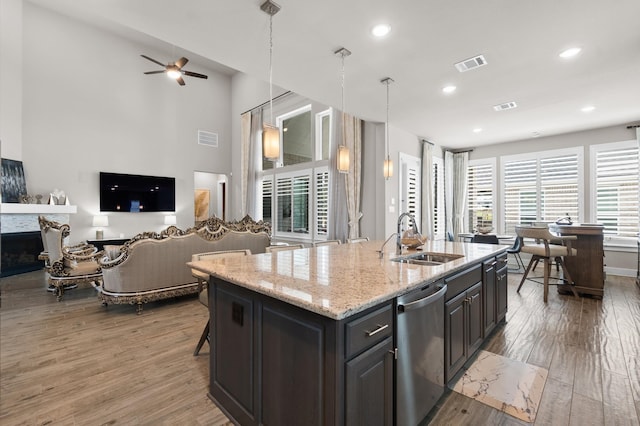 kitchen with sink, light hardwood / wood-style flooring, a wealth of natural light, and ceiling fan