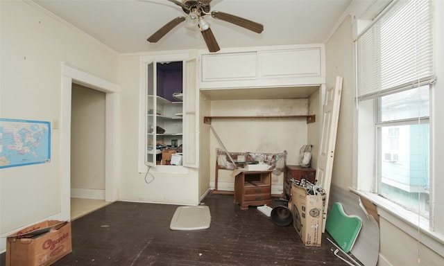 interior space with ceiling fan, hardwood / wood-style floors, and crown molding