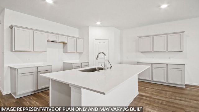 kitchen featuring a center island with sink, dark hardwood / wood-style floors, gray cabinetry, and sink