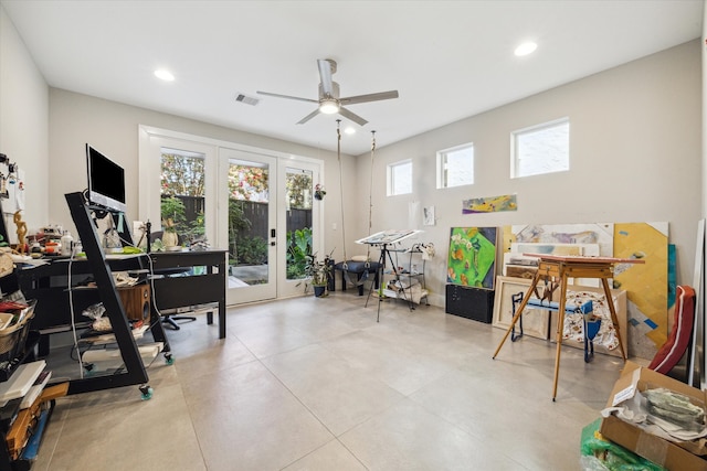 interior space featuring french doors and ceiling fan