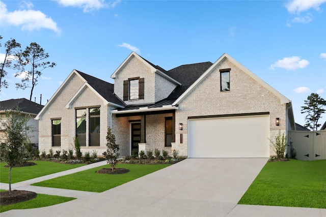 view of front of property featuring a front lawn and a garage