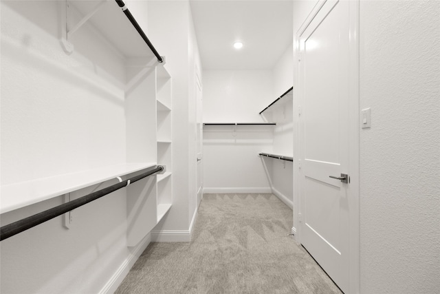 walk in closet with light colored carpet