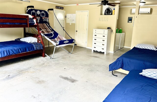 bedroom featuring a wall mounted AC, concrete flooring, crown molding, and ceiling fan