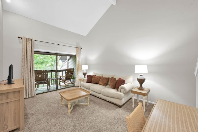 carpeted living room with high vaulted ceiling