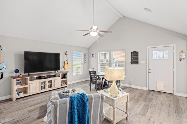 living room with ceiling fan, beamed ceiling, light hardwood / wood-style flooring, and high vaulted ceiling