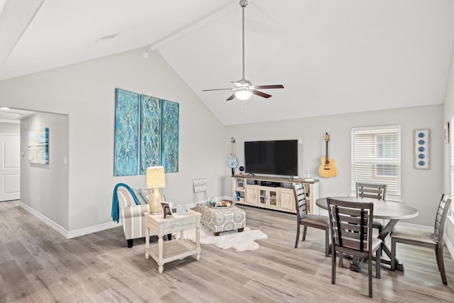 living room featuring high vaulted ceiling, ceiling fan, light hardwood / wood-style floors, and beam ceiling